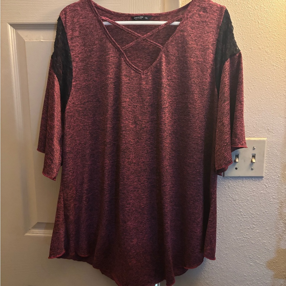 Women's Burgundy Top with Lace Sleeves